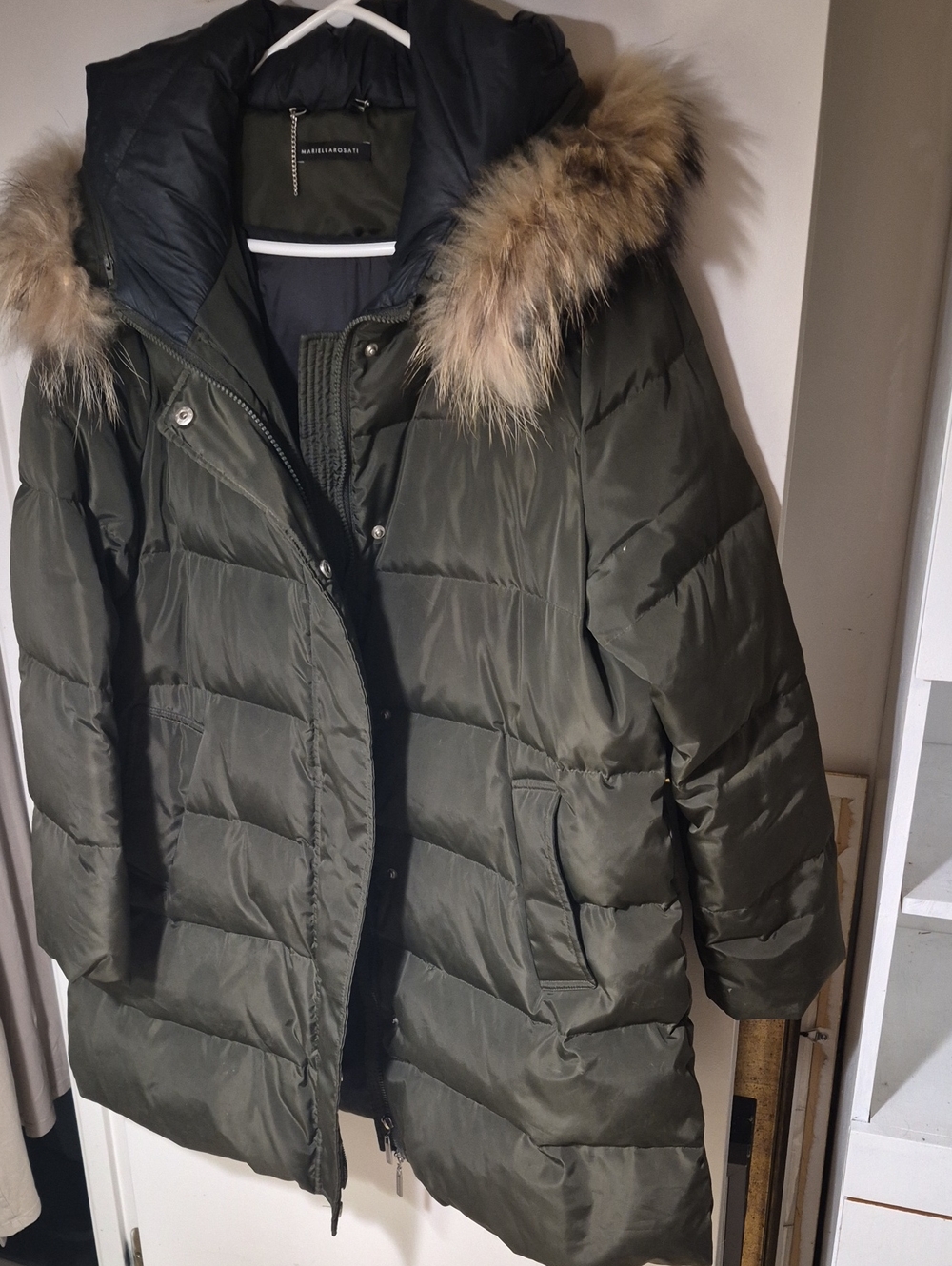 Water-Resistant Olive Puffer Coat with Faux Fur Trimmed Hood